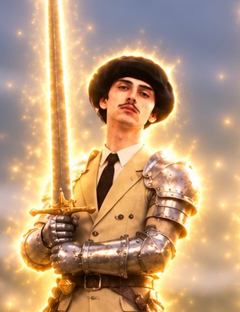The Strategist: beret, mustache, glowing sword