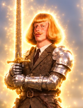 The Face: golden bowl cut, tweed suit and armor
