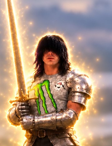 The Algorithm: long dark hair, energy drink shirt, armor